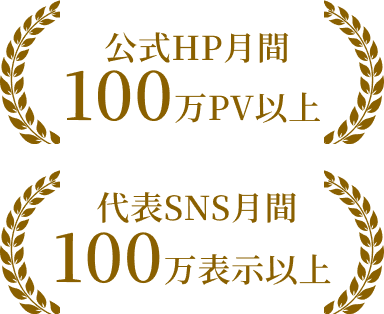 公式HP月間100万PV以上 代表SNS月間100万表示以上